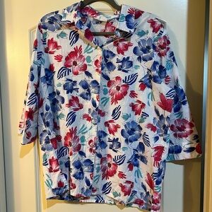 Vibrant Floral Button Down Shirt - Red, Blue, White w/swiss dots